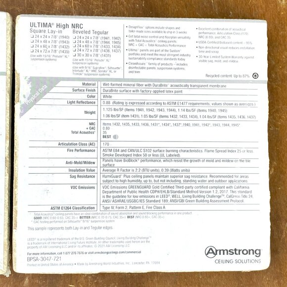 Armstrong Ultima High NRC (2) & Calla (1) Square Lay-In & Tegular Ceiling Sample - Picture 2 of 4